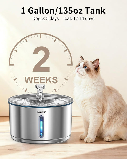 NPET Stainless Steel Cat Water Fountain, 1 Gallon/135oz Automatic Pet Drinking Fountain Dog Water Dispenser Bowl with Water Level Window for Cats Indoor - WF210Plus