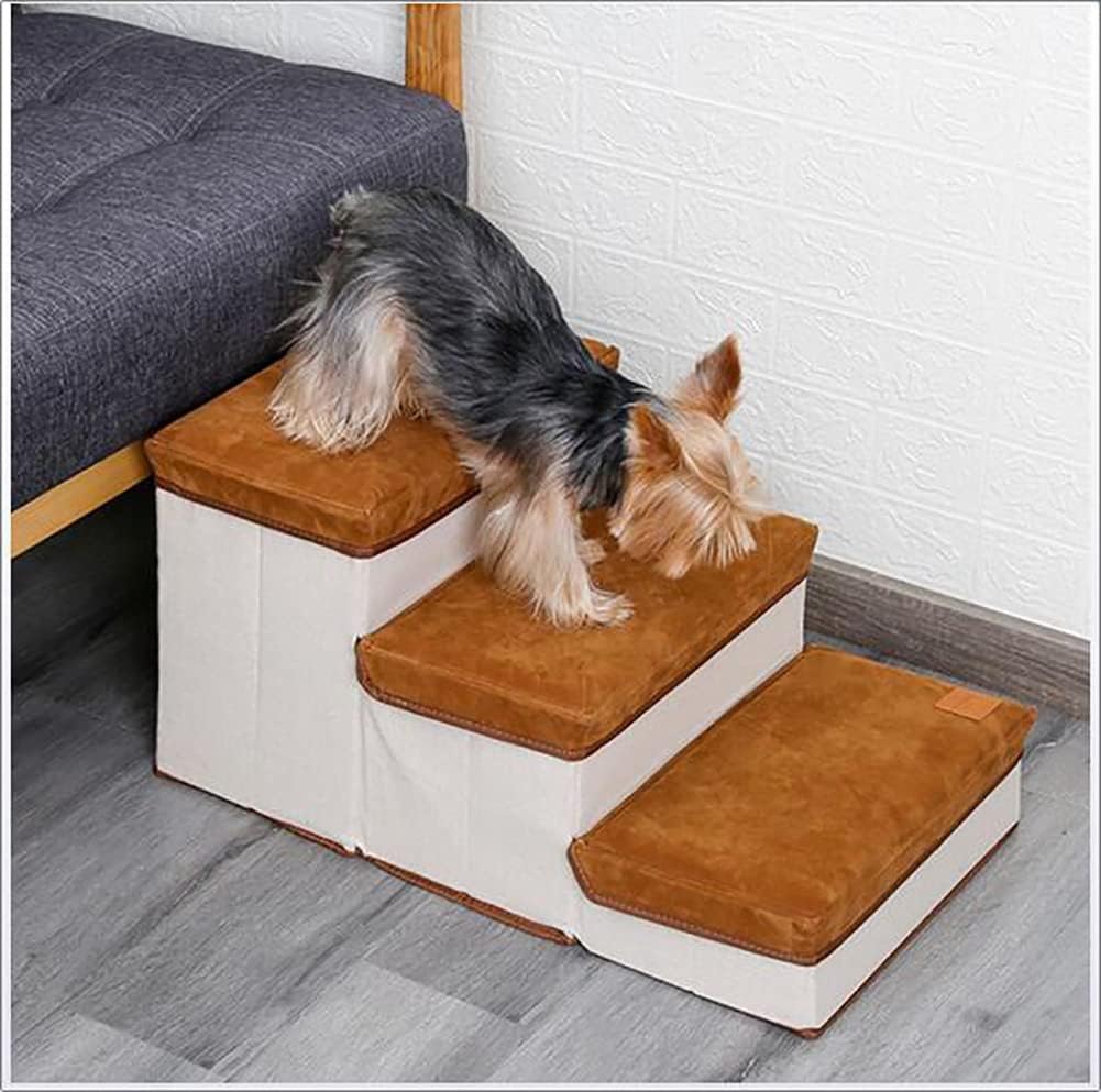 Foldable Storage Pet Dog Stairs Plush Pet Climbing Ramp Small Dog Three-Step Ladder Holds Up to 25Kg B (A)