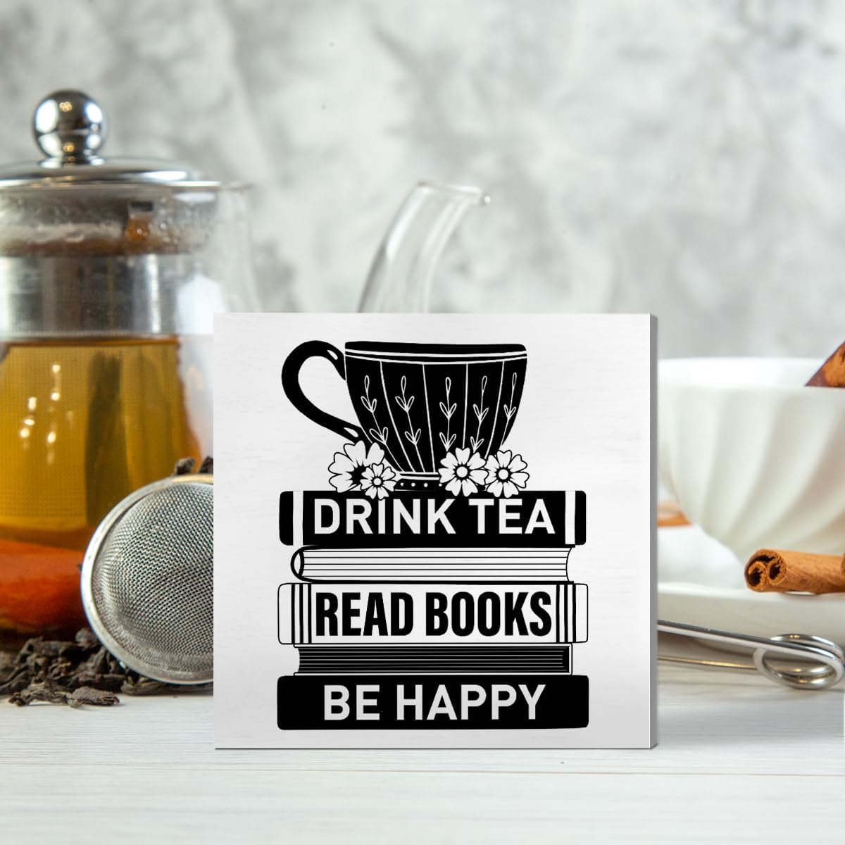 Tea Decor Wooden Box Sign, Tea Bar Tea Station Pantry Table Decor for Office Home Kitchen Decoration, Tea Lover Gifts for Women Men, Book Lover Gifts for Women Men, Drink Tea Read Books Be Happy