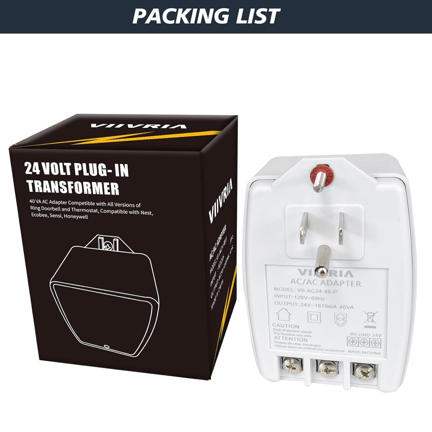 24-Volt AC 40VA Plug-in Doorbell Transformer, Compatible with Ring Wired Video Doorbell, Nest, Ecobee, Sensi, and Honeywell Thermostats, Power Supply for Multiple Smart Doorbells