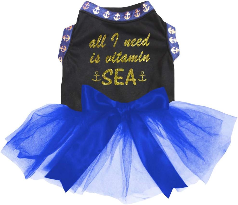 Petitebella Anchor Theme Black Shirt Royal Blue Tutu Puppy Dog Dress (Vitamin Sea, Small)