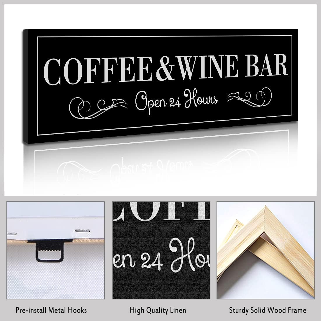 WOWGOOMO Coffee and Wine Bar Signs Decor, Classic Kitchen Wine Cabinet Decorative Signs & Plaques, Black Bar Accessories, 6x17 Inches
