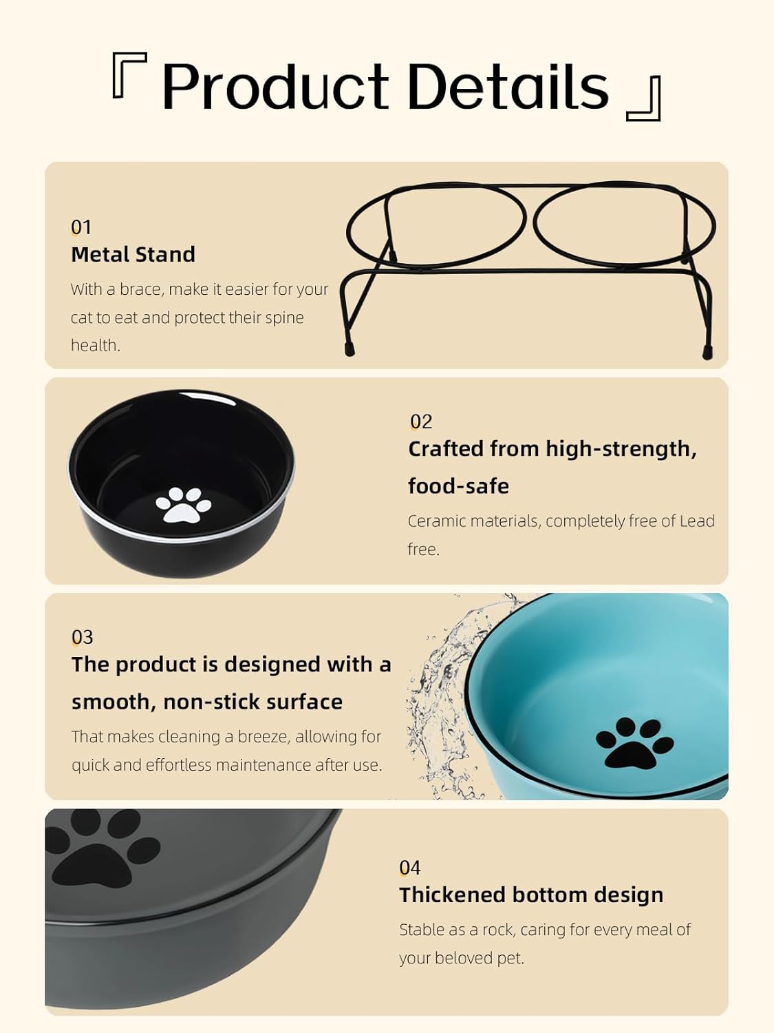 GDCZ Porcelain Raised Cat Bowls with Heighten Metal Stand and Non Slip Bottom 15 Ounces (Black)