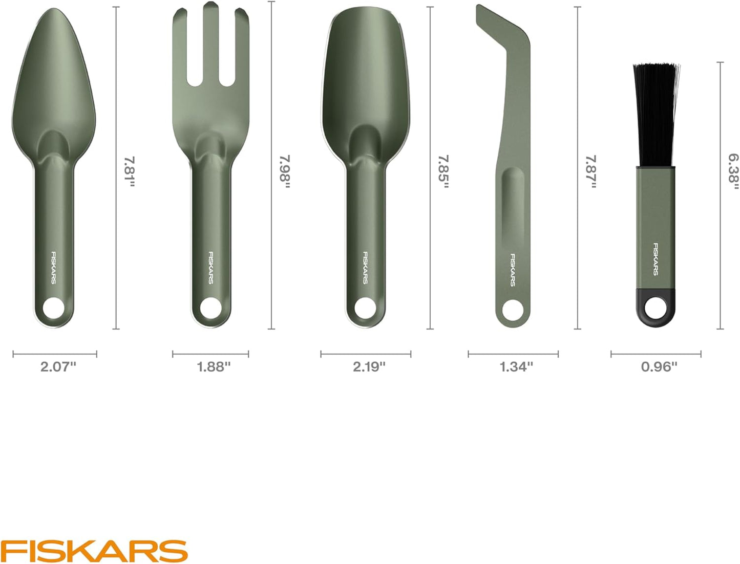 Fiskars 5-Piece Cultivating Tool Set, Nesting Trowel, Soil Scoop, Cultivator, Tongs & Brush for Indoor Gardening, Stainless Steel with Powder Coat Finish, Space Saving Design, Black
