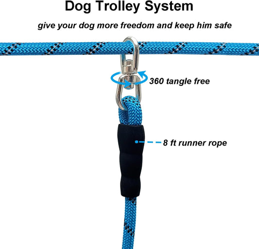 32 FT Dog Trolley System with 8 FT Runner Lead, Tie Out for 2 Dogs, Reflective Nylon Long Tether for Yard Running, Camping, 1/3 Inch Outdoor Rope Leash for Two Dogs, Blue