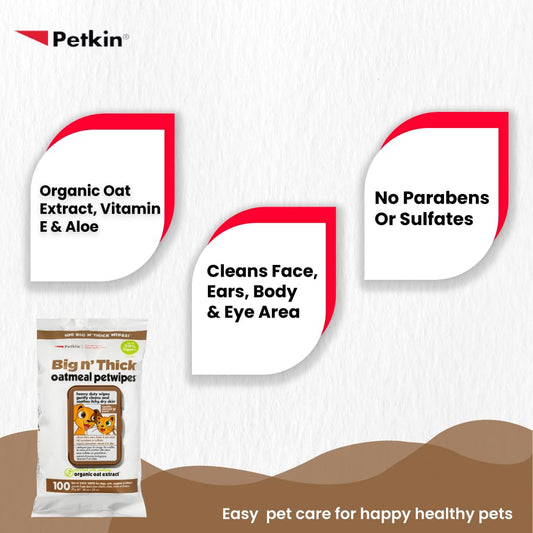 Petkin Pet Wipes for Dogs and Cats, Oatmeal, 100 Wipes (Large) for Dogs and Cats - Soothes Itchy Dry Skin and Cleans Ears, Face, Butt, Body and Eye Area - Idea for Home and Travel