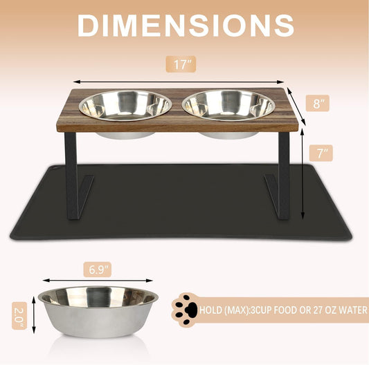 Aivituvin Elevated Dog Bowls, 15°Tilted Raised Cat Food Bowl, Walnut Wood Water Stand Feeder Set for Cats and Puppy, Pet Bowls with Anti Slip Mat(Medium)