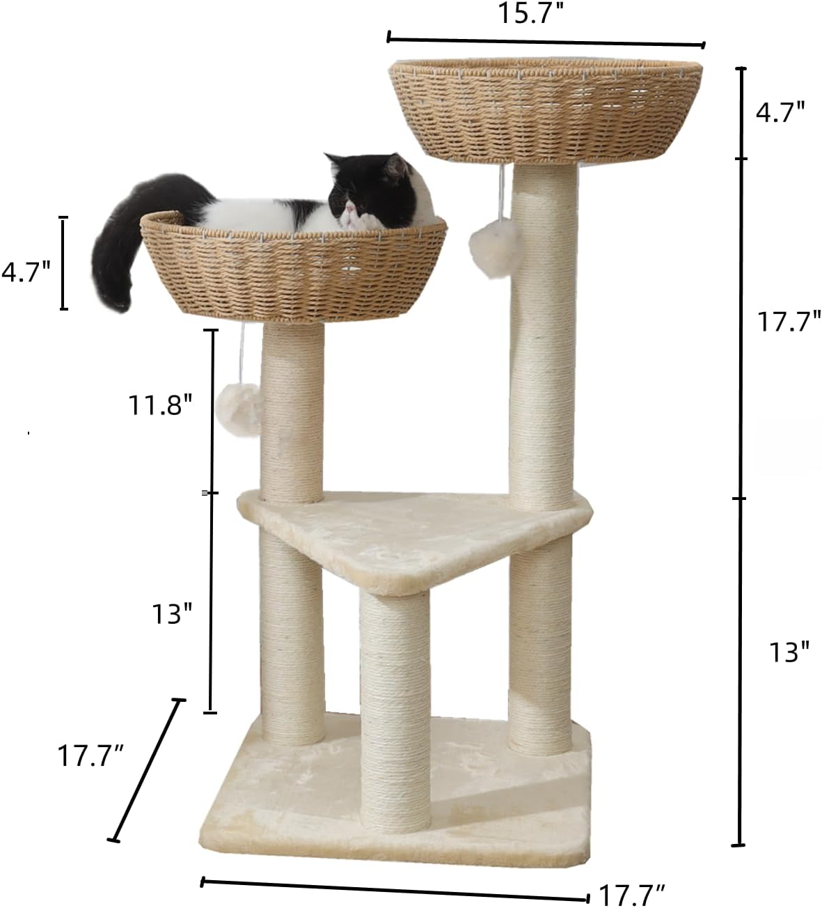 SHENGOCASE Cat Tree Tower with Rattan Wicker Basket, 2 Handwoven Large Nest Baskets Bed, Window Perch for Large Cats up to 20LBS