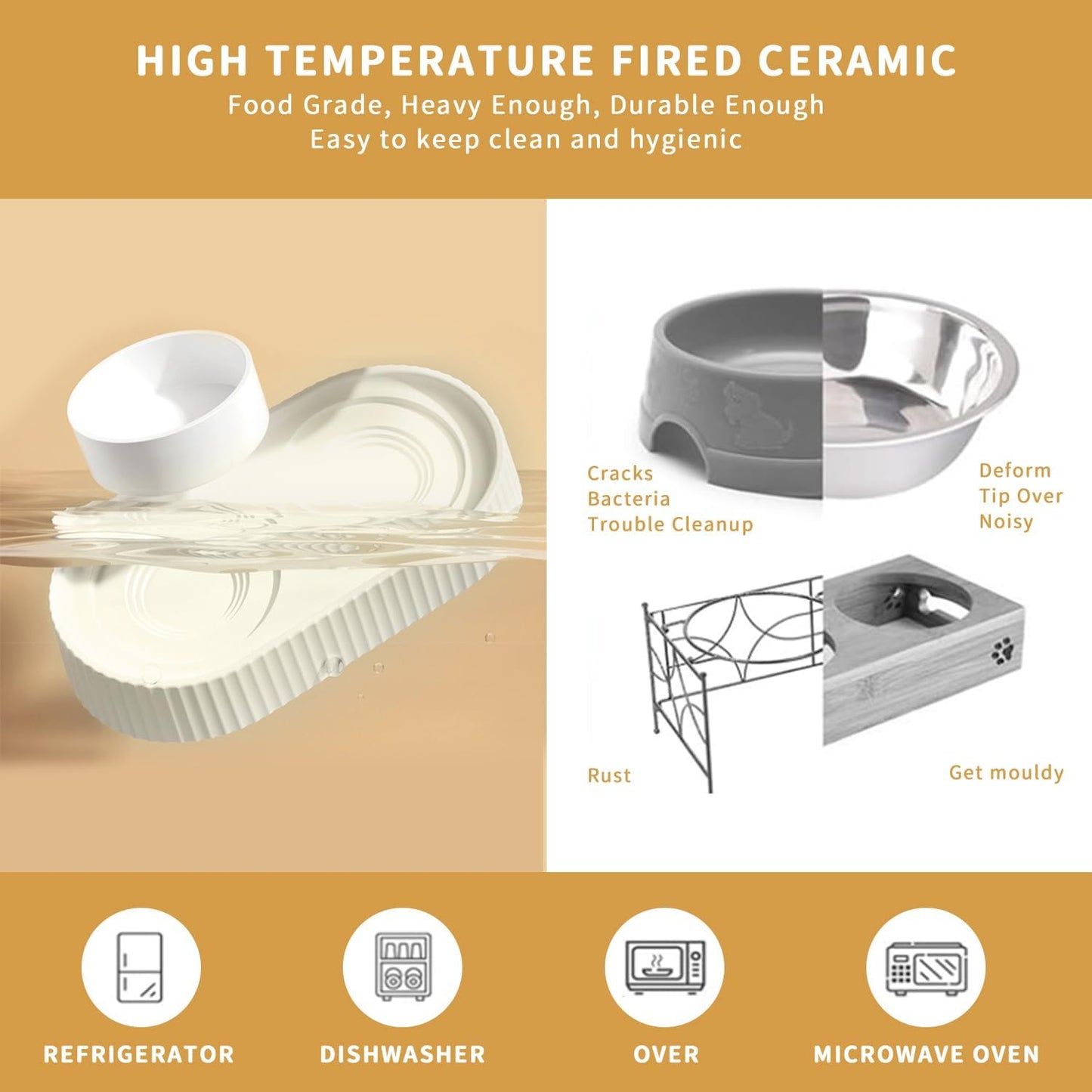 Ceramic Elevated Cat Bowls 15° Tilted Raised for Indoor Cat Anti Vomiting Food and Water Bowl Set Dog Bowls for Small Dog Whisker Fatigue Pet's Dishes (White)