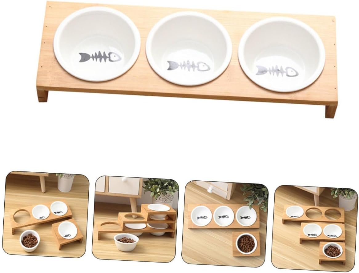 FAVOMOTO Elevated Stand Cat Bowl Set with Ceramic Bowls, Indoor Raised Pet Water and Food Dish for Kittens and Dogs, Non-Slip Household Feeding Supplies