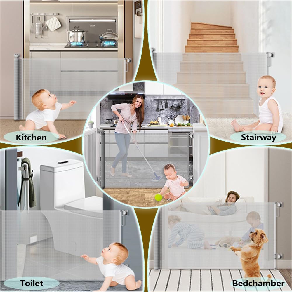 Retractable Baby Gates for Stairs Doorways Hallways, Soft Mesh Safety Retractable Dog Gate for Pet, Indoor Or Outdoor Use, Easy Installation,33.6" Tall,Expands to 55" Wide,Grey