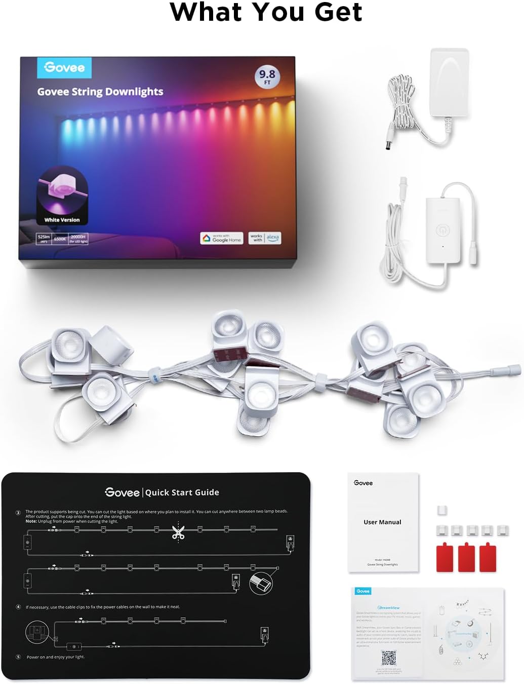Govee RGBIC String Downlights, Smart LED String Lights Works with Alexa, Color Changing Indoor Wall Light Fixture for Party, Music Sync, 9.8ft with 15 LEDs, White
