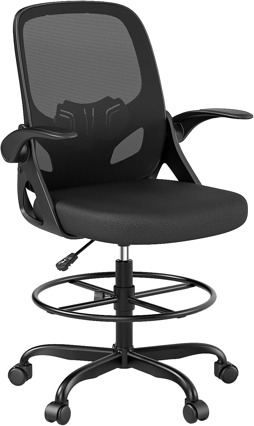 Tall Drafting Chair with Footrest Ring for Home and Work, Ergonomic Home Desk Office Chair with Flip up Arms and Lumbar Support, Extended Height Executive Desk Office(Black)
