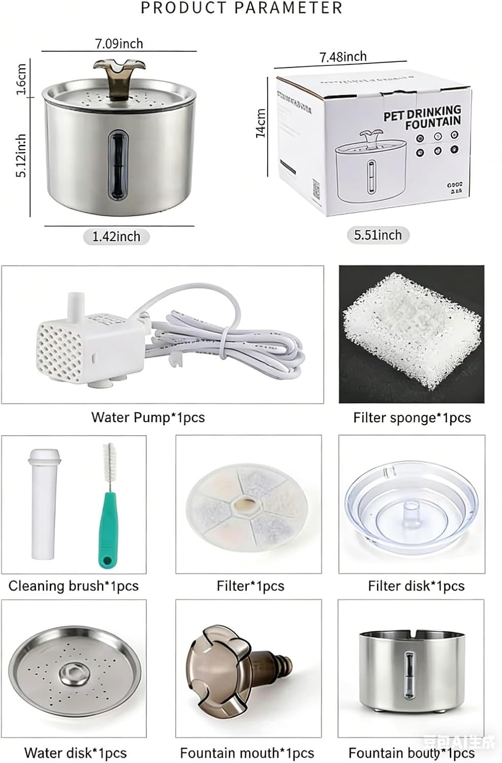 Cat Water Fountain Stainless Steel 84oz/2.5L, Automatic Pet Fountain with LED Water Level Indicator, Auto Power-Off & Ultra-Quiet Pump, 304 SS Water Dispenser for Cats and Dogs