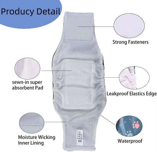 AIO Washable Male Dog Belly Band Pet Diapers Cute Claws Washable Male Puppy Diapers Belly Bands Reusable Dog Diapers S(Blue Claws,Brown Heart,Brown Claws)
