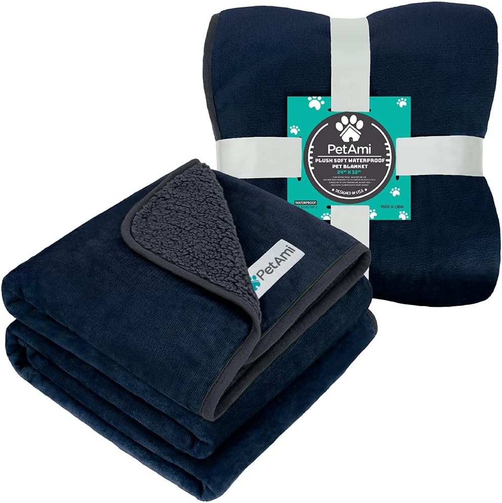PetAmi Waterproof Dog & Cat Blanket, Pee Proof for Couch & Bed, Reversible, Soft Fleece, Washable, 24x32 Navy/Gray