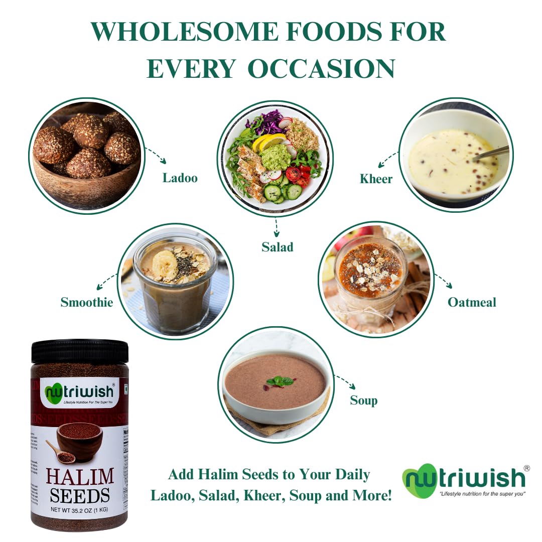 Nutriwish Natural Halim Seeds | 35.2 oz (1 KG) | Pure & Natural Garden Cress Seeds | Safe & Beneficial Aliv Seeds | Halim Aliv Garden Cress Seeds for Eating | No Additives | High Protein Snack |