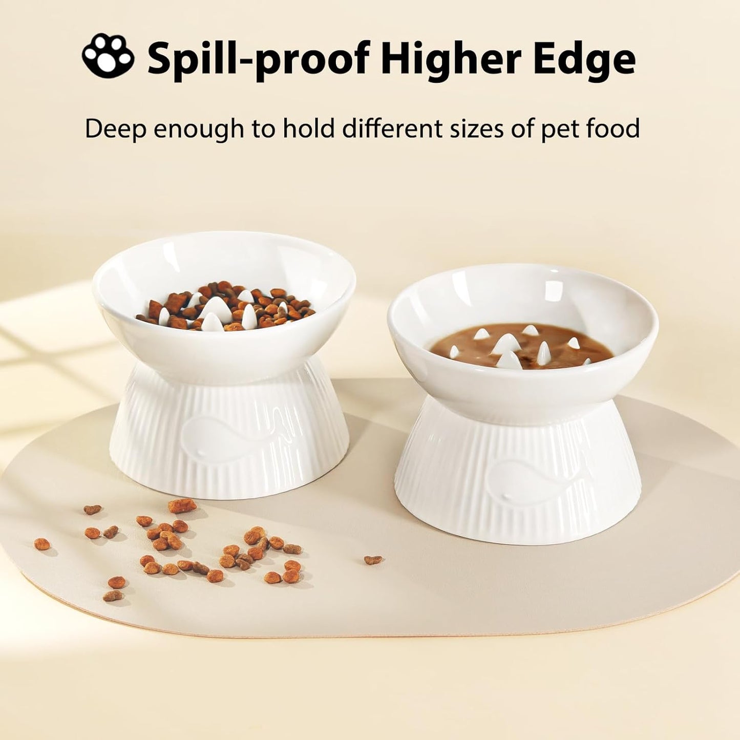 Raised Cat Slow Feeder, Ceramic Slow Feeder Cat Bowl, Upgraded Ridges to Prevent Vomiting and Indigestion, No Spill High Edge for Dry/Wet Food, Heavy and Stable, Easy to Clean Pet Bowls