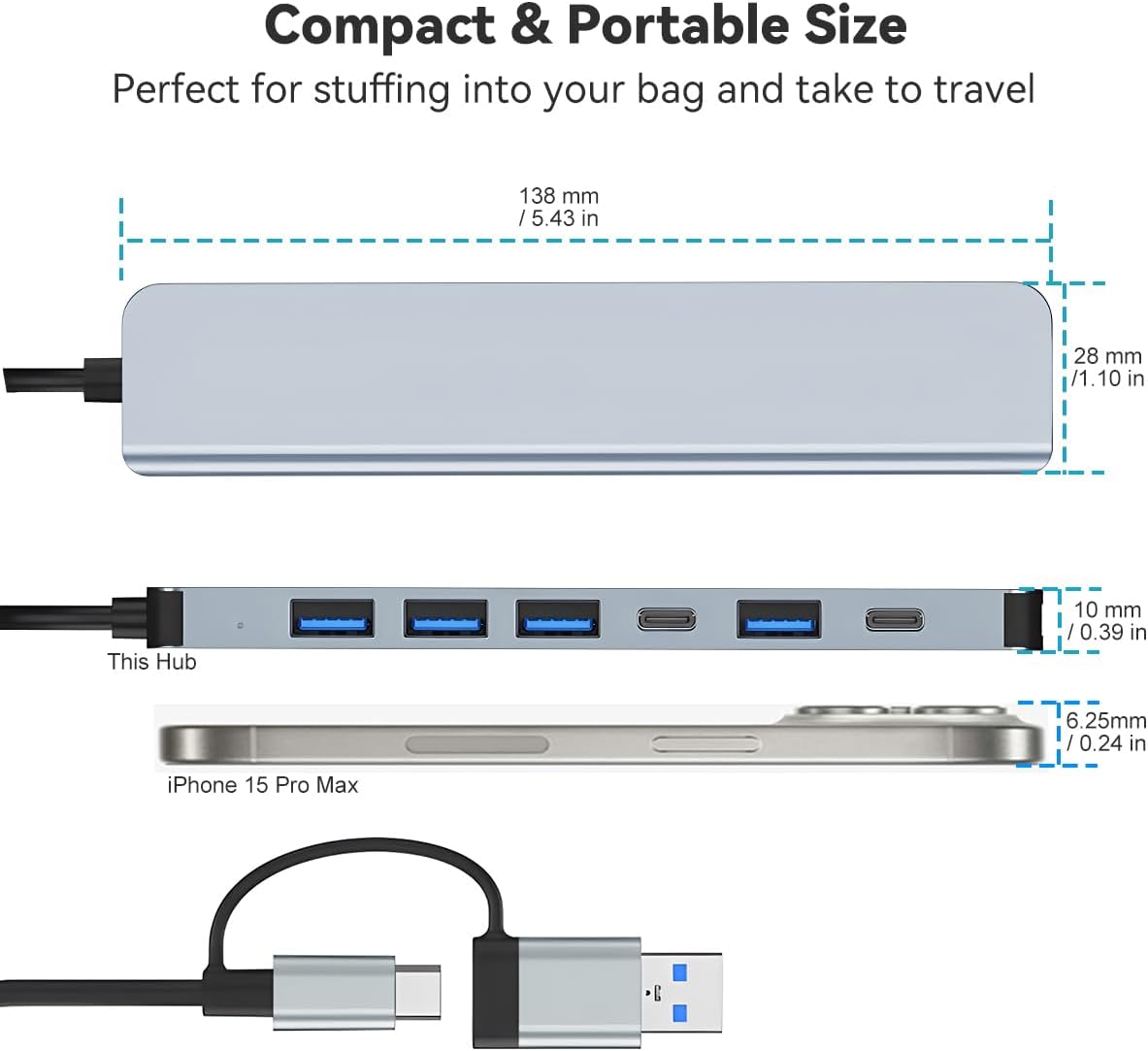 USB C Hub USB Hub Aluminum 7 in 1 USBC Dock with USB3.0 & USB2.0 Ports Extender Multiport Adapter for PC/Laptops/MacBook Pro/Air/iMac/iPad and More Devices