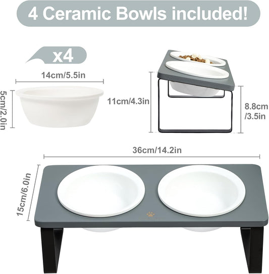 Sunhoo Elevated Cat Bowls for Indoor Cats Ceramic Kitty Dish Food Water Raised Tilted Puppy Feeding Sation with 4 Dishes Wooden Stand Pet Feeder Metal Legs Orthopedic ReducesVomiting(Grey)