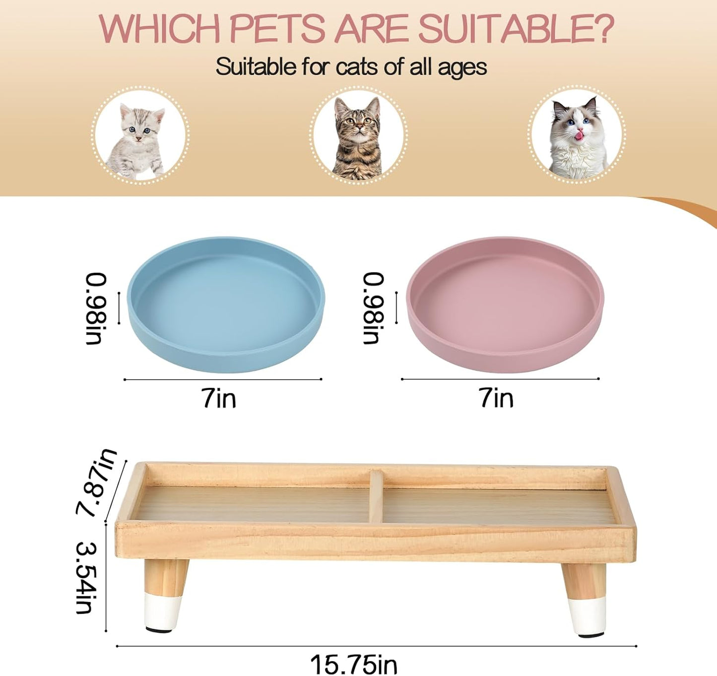 Cat Food and Water Bowl Set, Raised Cat Bowls Elevated for Indoor 7" Wide Puppy Plates Anti Whisker Fatigue Pet Feeding Dishes,Pet Feeding Station for Cats & Small Dogs (2Shallow Dish+Stand)