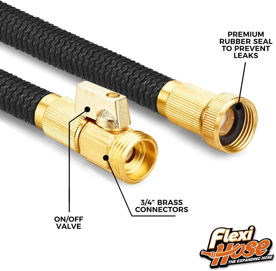 Flexi Hose Plus Expandable Garden Hose with 8 Function Nozzle, 50FT - Lightweight Retractable Garden Hose, Water Hose - No-Kink Flexibility, 3/4 Inch Solid Brass Fittings Includes Hook & Bag