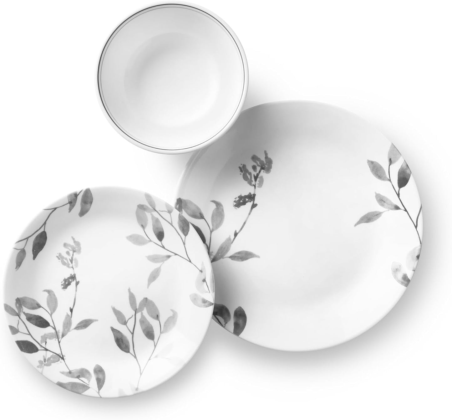 Corelle 12-Piece Vitrelle Misty Leaves Chip and Break Resistant Dinner Set, Grey