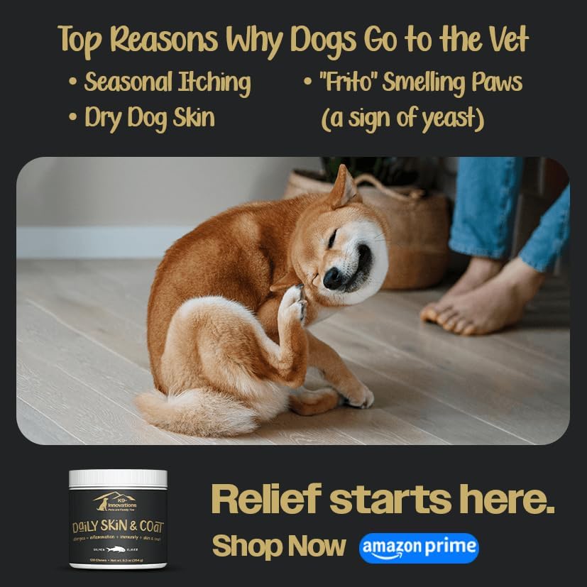 K9-Innovations - Daily Skin & Coat Dog Chews Salmon Flavor - Reduce Itching & Paw Chewing, Omega 3 & VIT C for Skin Health - 1-4 Month Supply (120qty)