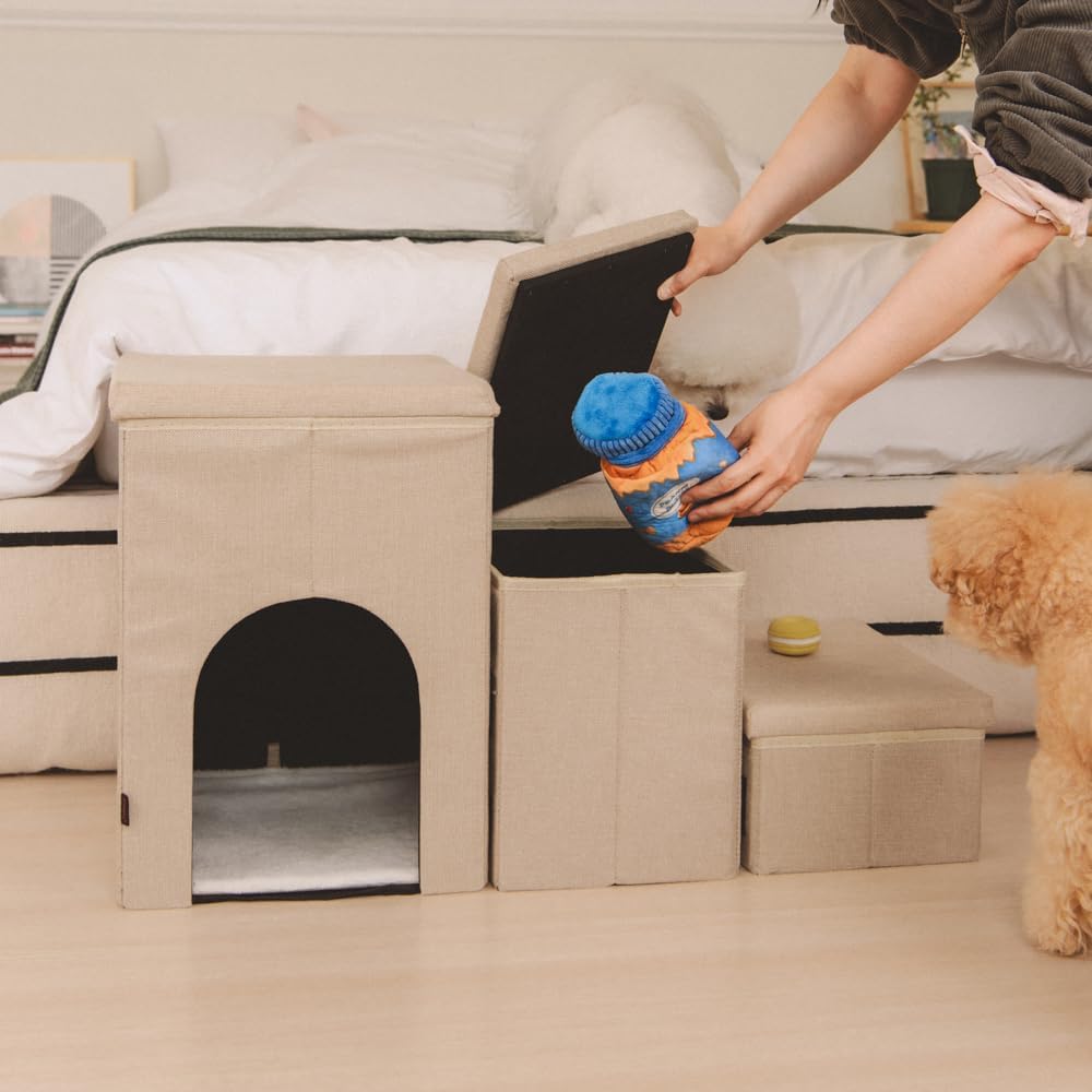Puppia Cuddleclimb 보관 계단 접이식 반려동물 계단, 소형, 중형 또는 강아지용 베이지