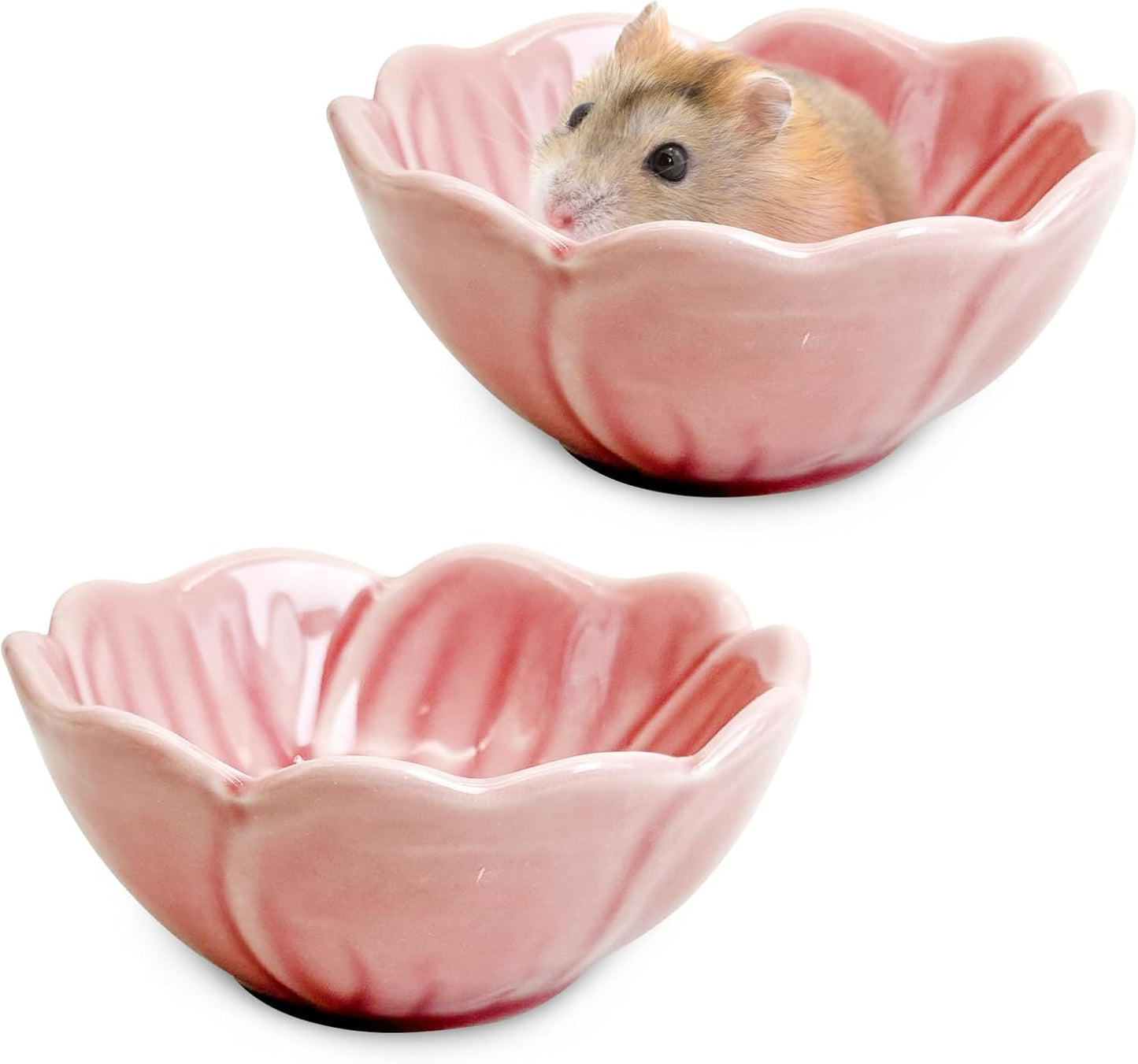 BNOSDM 2 Pcs Hamster Ceramic Food Bowl Flower Series Gerbil Drinking Bowls Anti-Turning Food & Water Dish for Dwarf Syrian Hamsters Gerbil Chinchilla(Pink, Narcissus Pattern)