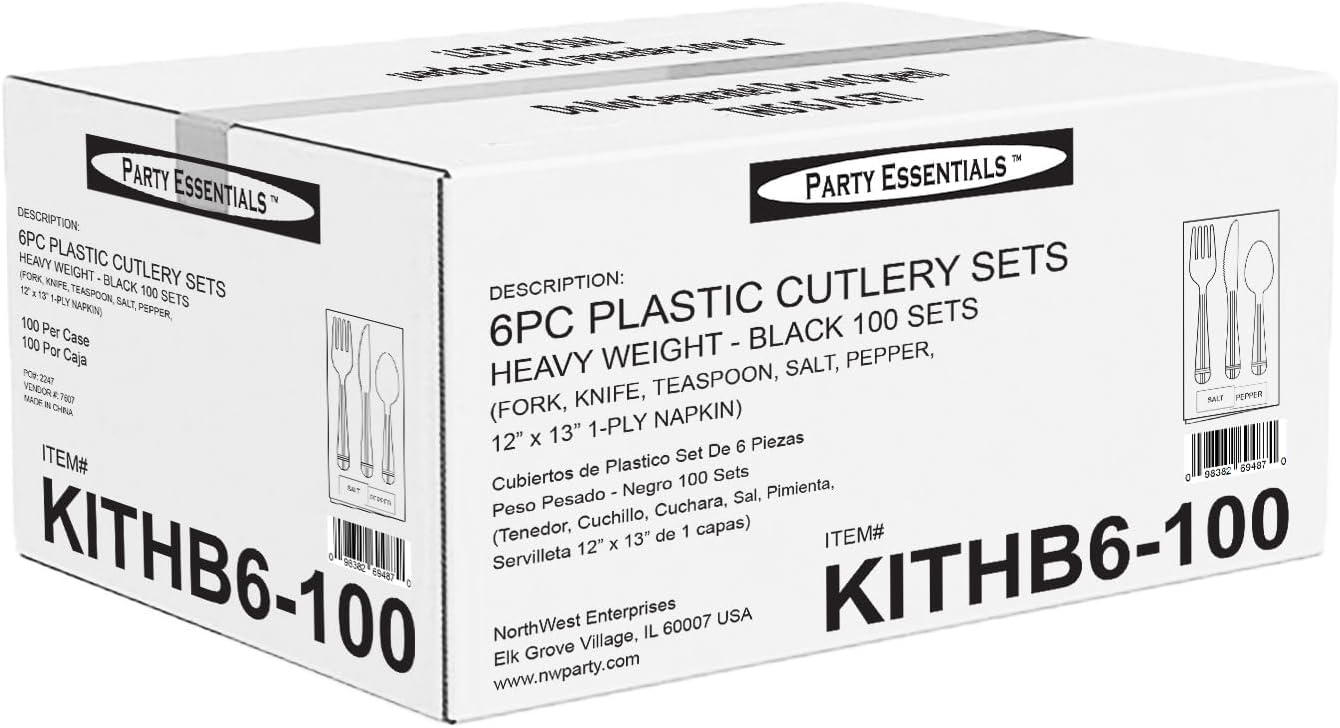 Party Essentials Individually Wrapped Black Plastic Cutlery Packets/Heavy Duty Silverware Kits, Fork/Spoon/Knife/Napkin/Salt/Pepper, 100 Sets
