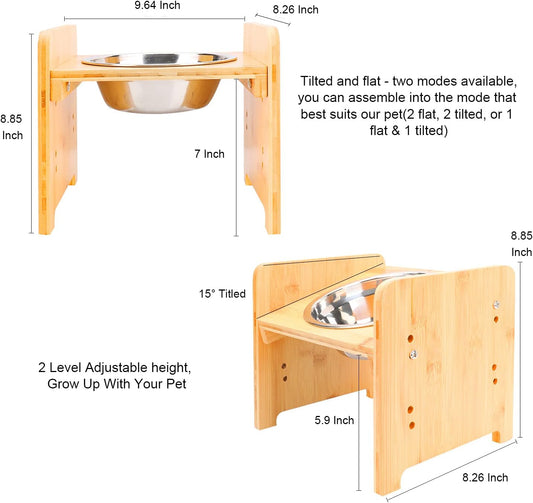 FOREYY Set of 2 Raised Pet Bowls for Cats and Small Dogs - Bamboo Tilted Single Elevated Dog Cat Food and Water Stand Feeder with 2 Stainless Steel Bowls and Anti Slip Feet for Comfort Feeding(Medium)