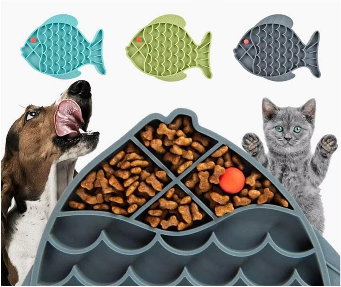 Trendy Paws Slow Feed Training Bowl, Fish Shaped Silicone Pet Feeding Plate (Blue)