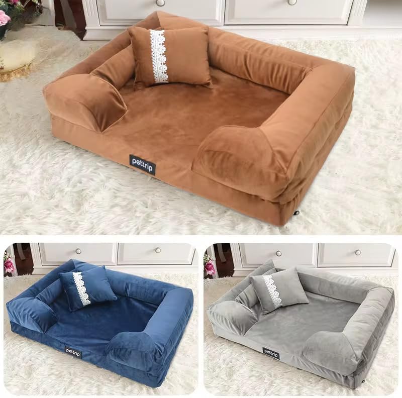 Custom Luxury Calming Waterproof Orthopedic Pet Sofa Beds Dog Bed with Removable Washable Cover (Brown, Large)