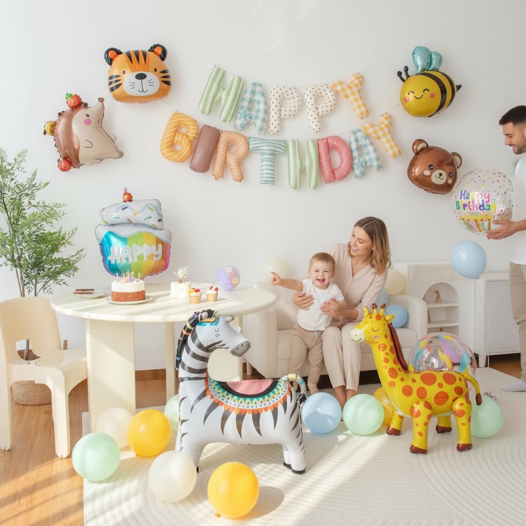 Animals Happy Birthday Foil Balloon Decorations Kit for Kids Birthday, Jungle Zoo Theme Zebra Giraffe Tiger All-In-One Party Supplies with Birthday Banner (Animal Birthday Set)
