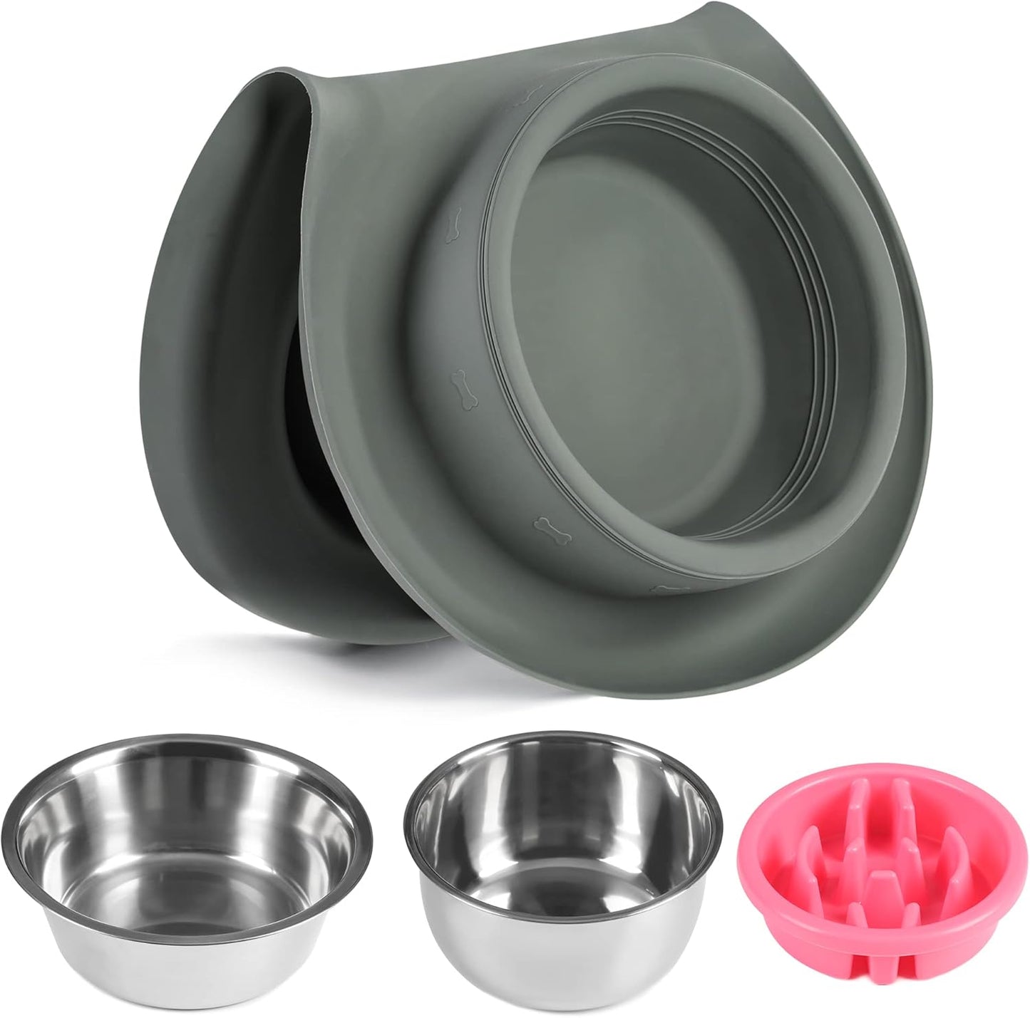 100% Waterproof BPA Free Pet Dog Bowls2 Stainless Steel(53oz+27oz) with 1.35“ Raised Edge Silicone Mat + Slow Feed Dog Water and Food Bowls for Feeding Small Large Dogs Cats Puppies (Gray)