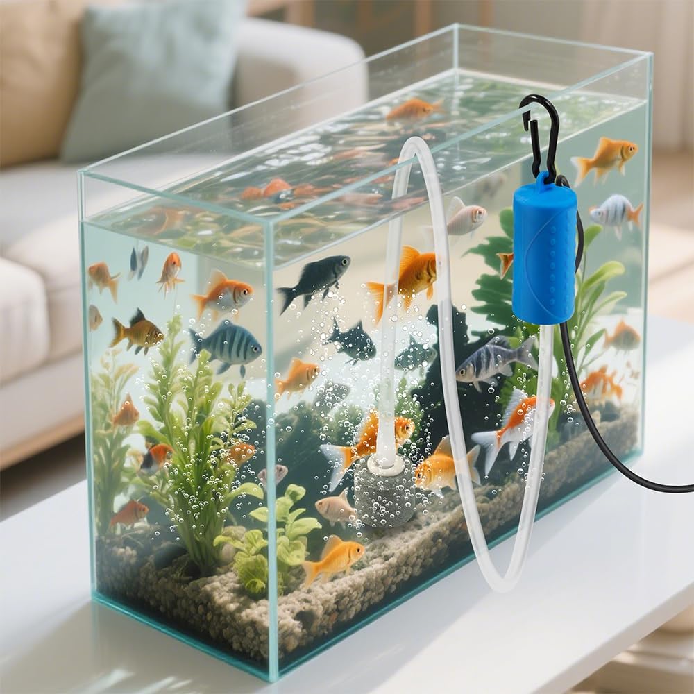 USB Mini Aquarium Air Pump Ultra Quiet Fish Tank Air Pump with Black Hanging Clasp Portable Aquarium Oxygen Aerator Pump Includes Fish Tank Airline Tubing and Air Stone(1W/2W/3W)