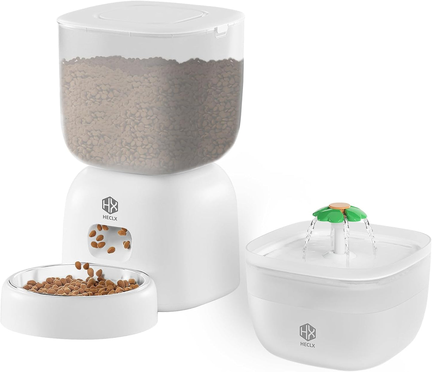 Automatic Cat Feeder with 3L Dry Cat Food Dispenser and 2L Water Fountain, Timed Dog Feeder with Portion Control and Daily Meals, Wire/Battery Automatic Feeders in White