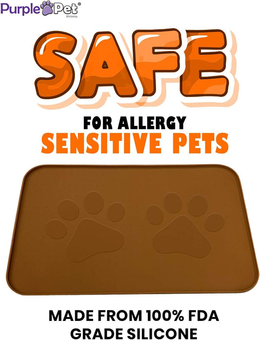 iPrimio Extra Large Pet Food Mat with Logo - Food Grade Silicone Cat Dog Feeding Mat - Dog Bowl Mat for Food and Water - Prevent Pet Water Food Spills - Protects Flooring - Non Slip - Large Brown
