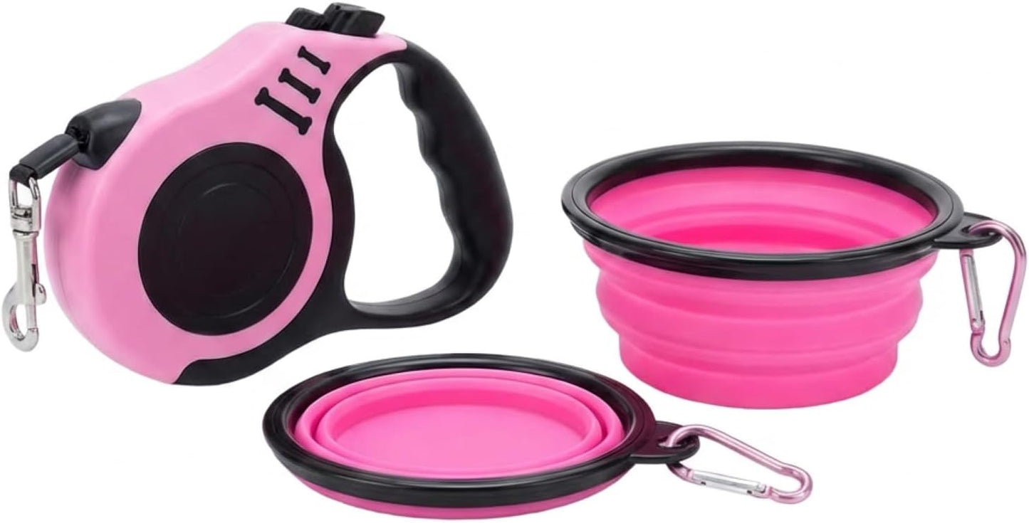 PETIMP Retractable Dog Leash Lightweight 16FT Leash, with Folding Bowl,Dispenser,Waste Bags, for Small Medium Dogs(Pink)