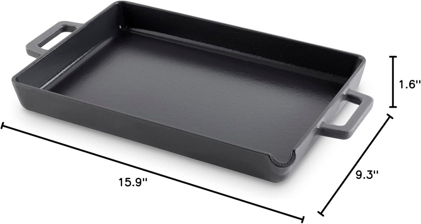DASH Zakarian by Dash 9"x13" Nonstick Cast Iron Pan with Pour Spout and Removable Silicone Grips for Searing, Baking, Broiling, Grilling and more- Black