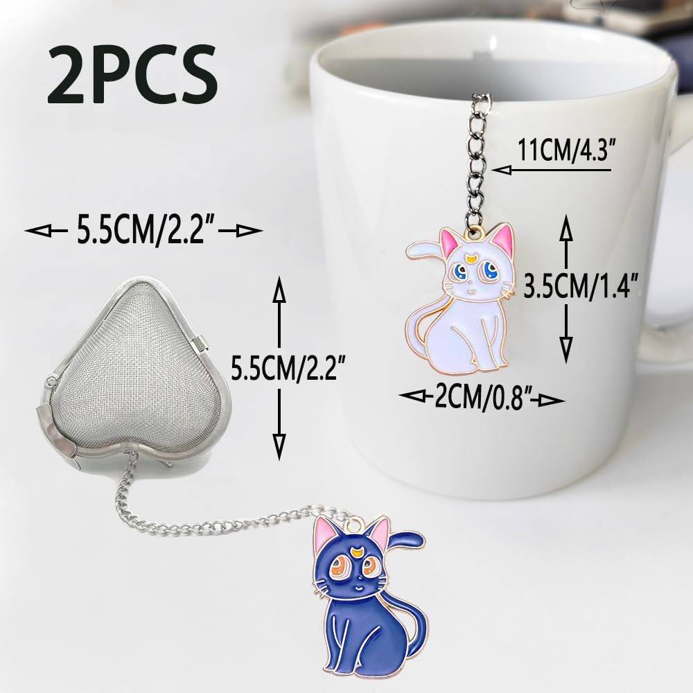 2 pcs tea infuser loose tea strainer, heart shaped stainless steel loose leaf tea infuser tea ball, cute pendant tea ball set tea gifts for tea lovers women (Black Cat + White Cat)