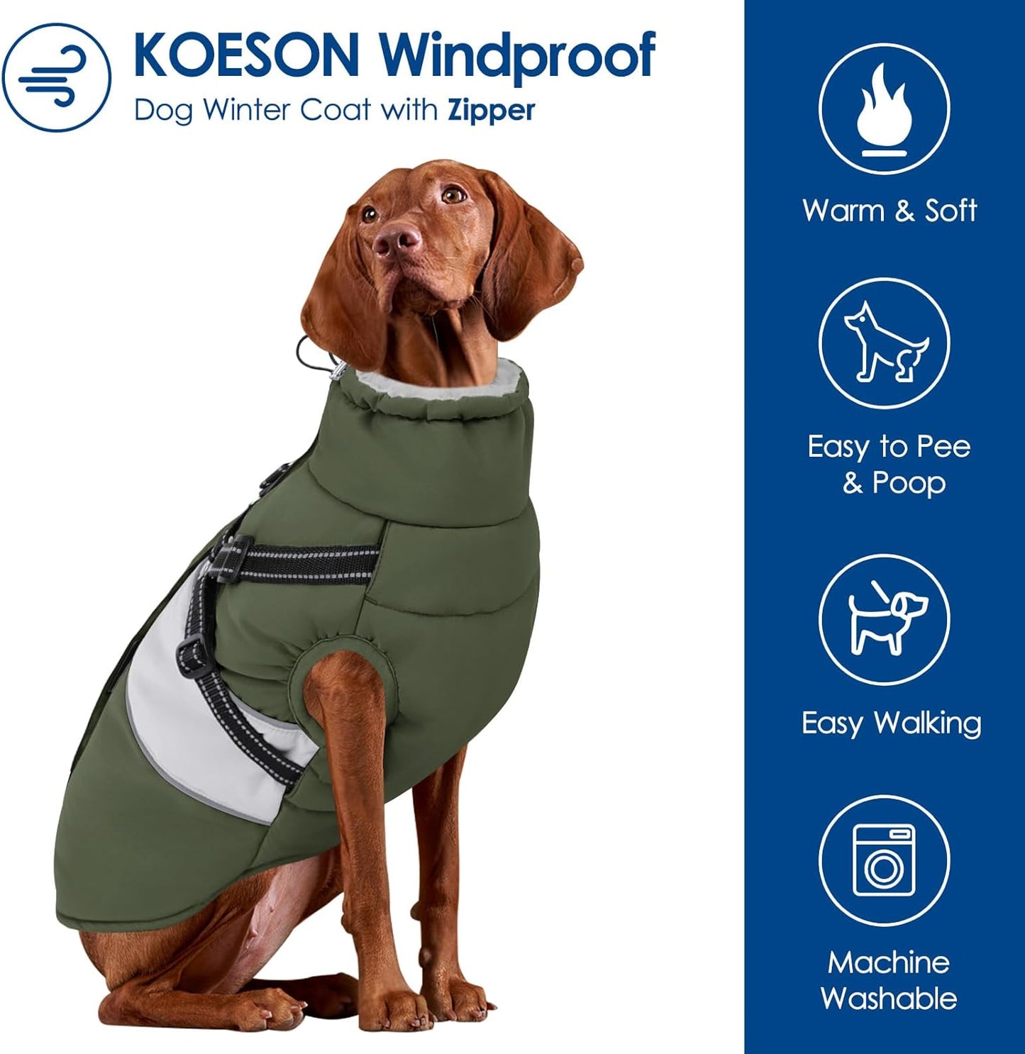 KOESON Dog Coat, Windproof Dog Winter Coat with Harness Built in for Extra Large Dogs, Waterproof Reflective Pet Snow Jacket with Warm Fleece Lining for German Shepherd, Labrador Retriever
