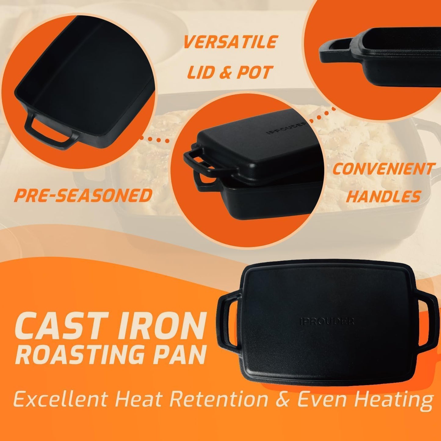 2-in-1 Pre-Seasoned Cast Iron Casserole Dish with Lid, Rectangular Dutch Oven, Cast Iron Baking Pan&Baking Dish for Lasagna, Sourdough Bread, 13"x9"