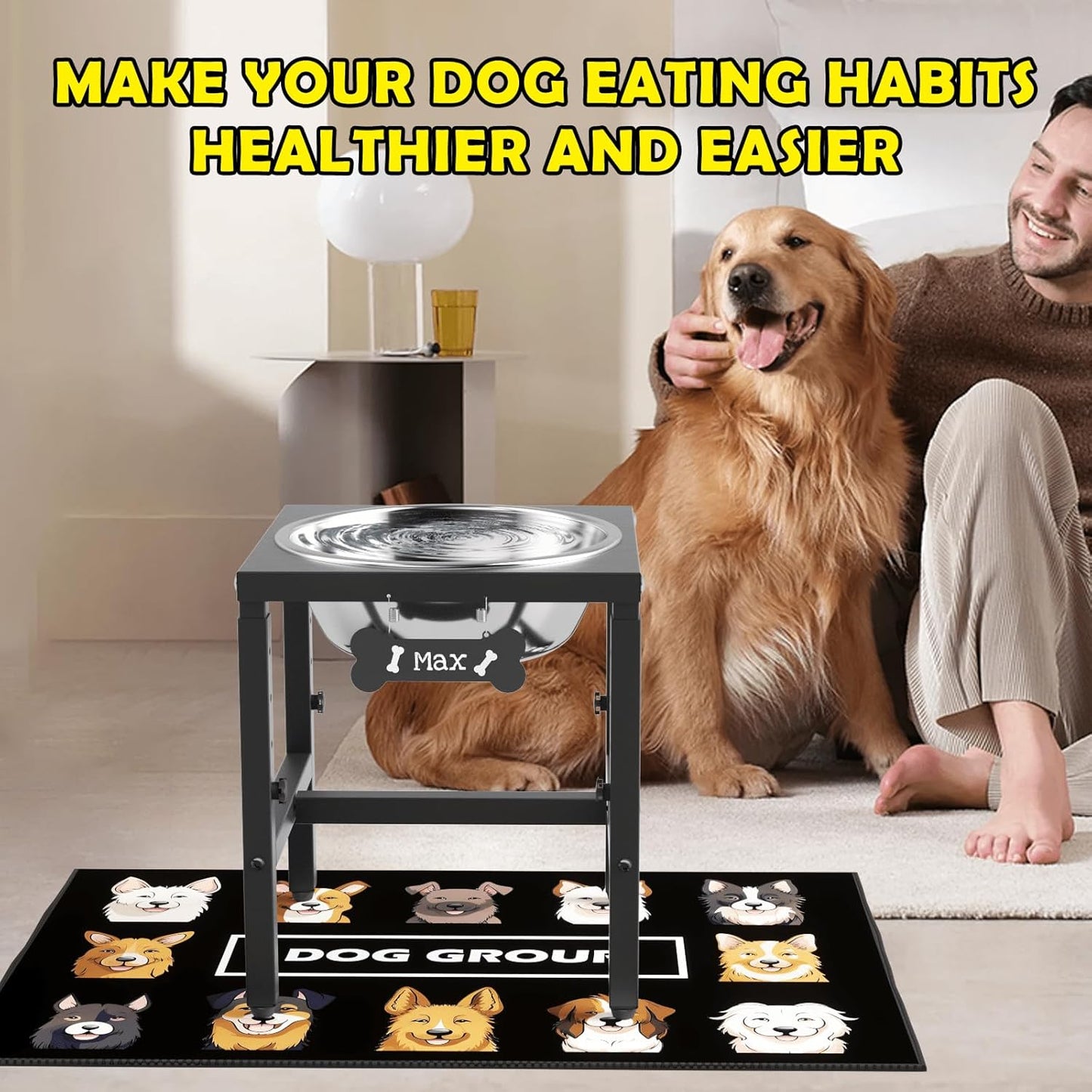 1.6 Gallon Elevated Dog Water Bowl for Large Dogs, 4-Height Adjustable (13–18'') Raised Stainless Steel Bowl with Spill-Proof Mat & Sturdy Metal Stand, Easy-Clean Feeder for Indoor/Outdoor Use