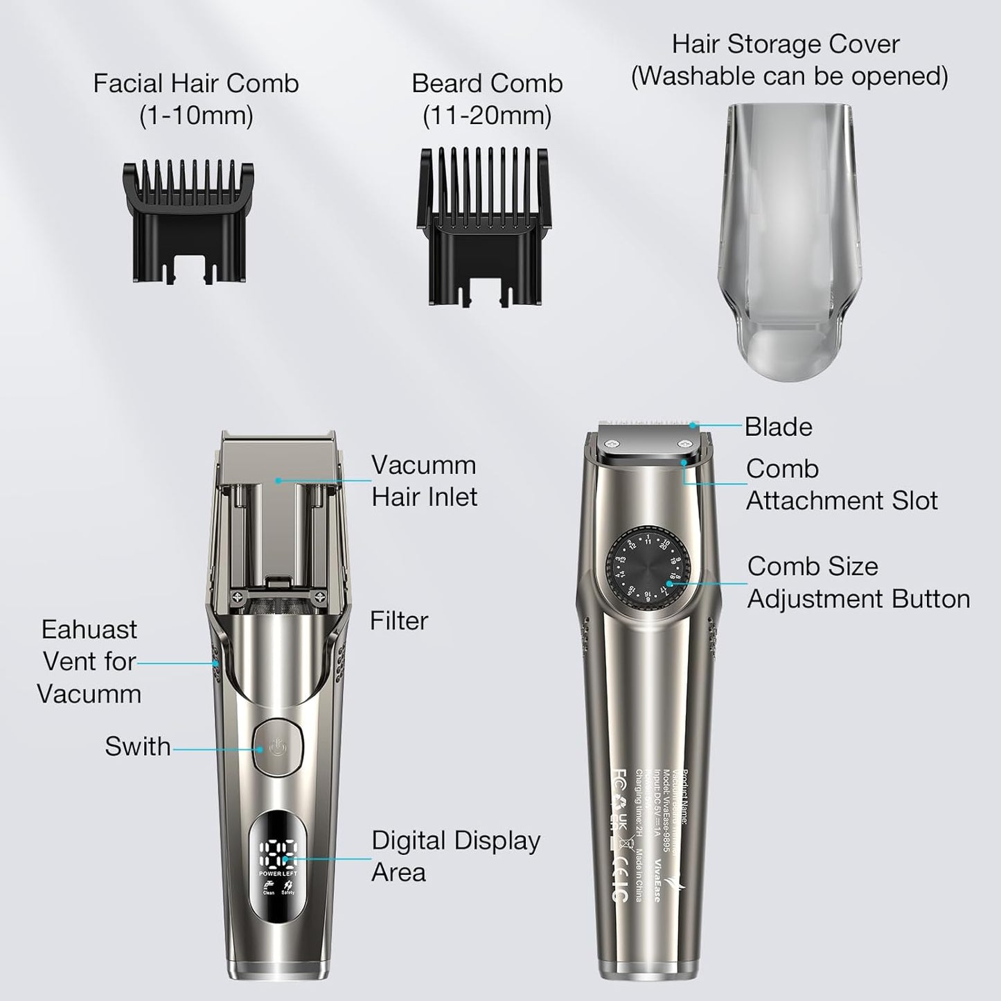Vacuum Beard Trimmer for Men, New Version Adjustable Precision Trimming Length with 2 Comb, Electric Cordless Vacuum Trimmer for Beard, Waterproof and Rinses Easy, Blades for Skin fit