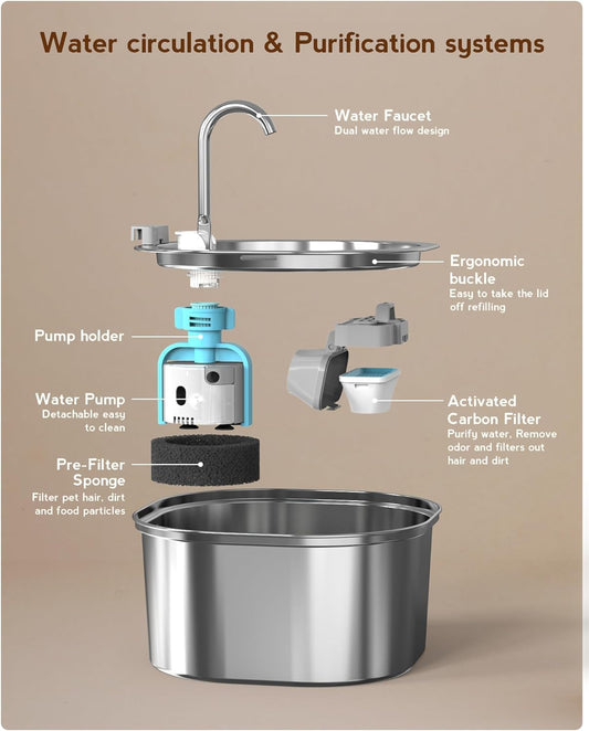 Stainless Steel Cat Water Fountain, 108oz/3.2L Pet Drinking Fountain for Cats & Small Dogs, Quiet Metal Water Dispenser with Flowing Spout for Indoor Use