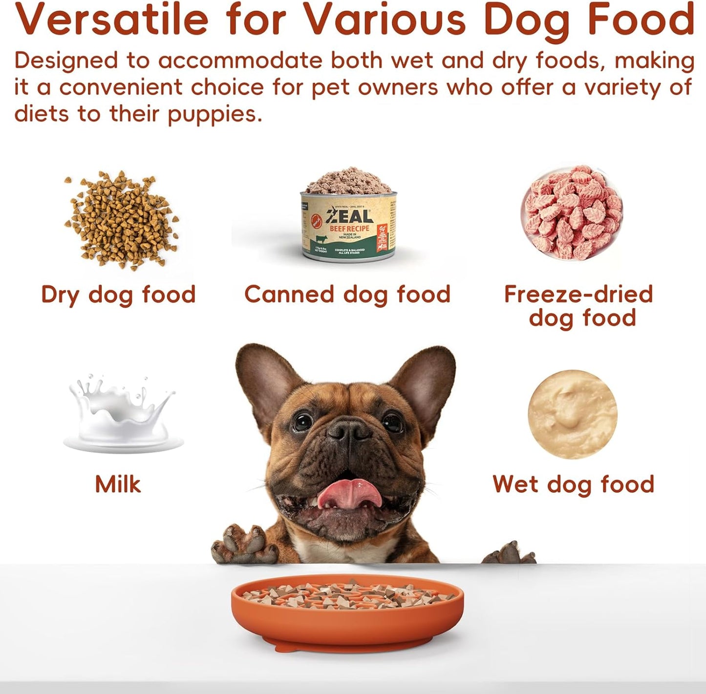 Silicone Slow Feeder Dog Bowl – Orange Bone Pattern | Food-Grade Non-Slip Dog Dish for Anti-Bloat, Fast Eating Prevention, 7.5” x 1.5”, Dishwasher Safe