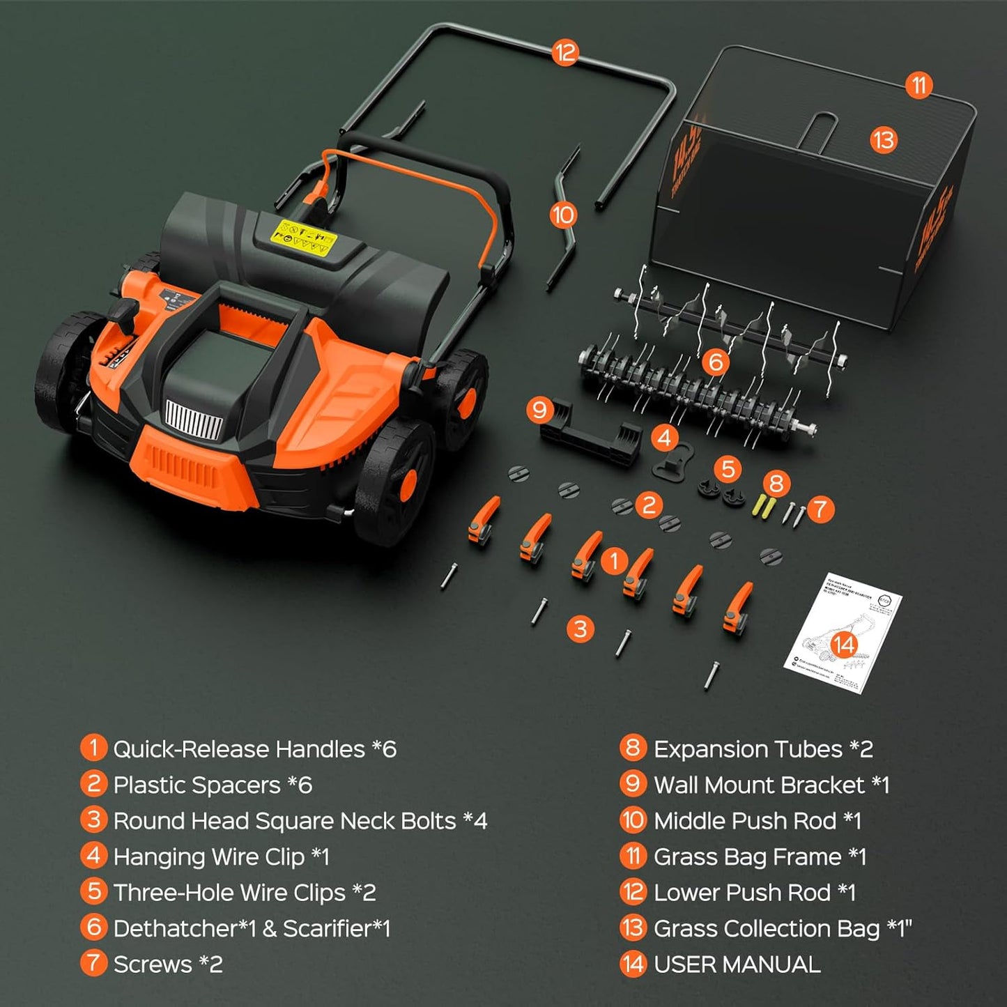 16-Inch 15.5 Amp 2-in-1 Electric Dethatcher and Scarifier with 14.5-Gallon Collection Bag, Lawn Dethatcher with 5-Position Depth Adjustment, Quick-Fold, Keeps Lawn Healthy - Blaze Orange