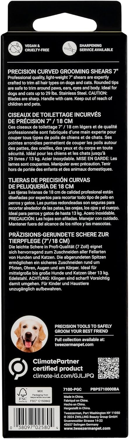 Tweezerman 7" Pet Grooming Scissors with Safety Round Tips, Professional Curved Grooming Shears for Dogs and Cats